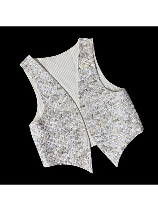 Handmade Tops - Handmade Vest Woven Daisy Accents Floral Open Front Beige Cream Yellow Flowers